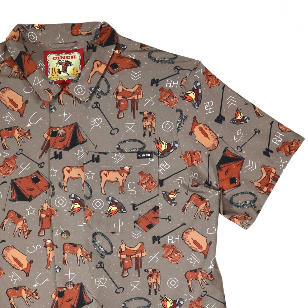 Cinch Button Down Shirt Mens Large Brown Western Cowboy Print Short Sleeve